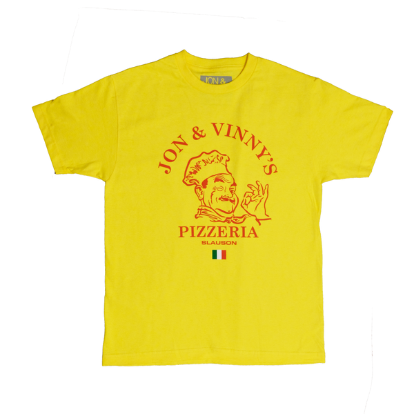 Jon & Vinny’s Pizzaman Slauson T-Shirt (Yellow Tee, Red Print)